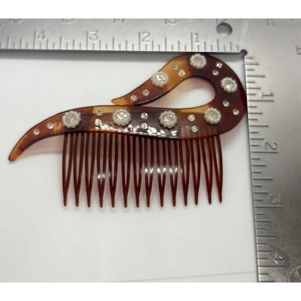 Vintage 1920s Celluloid Art‎ Deco Hair Comb Faux Tortoise Shell Rhinestone USA